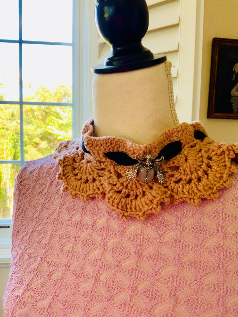 Hand Crafted Desert Rose Crochet Collar with Silver Jeweled Bee Brooch